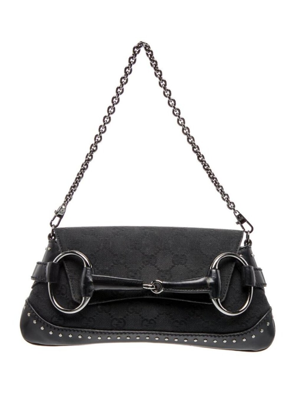 Gucci GG Canvas Horsebit Chain Small Black Shoulder Bag Silver Studded, LUX